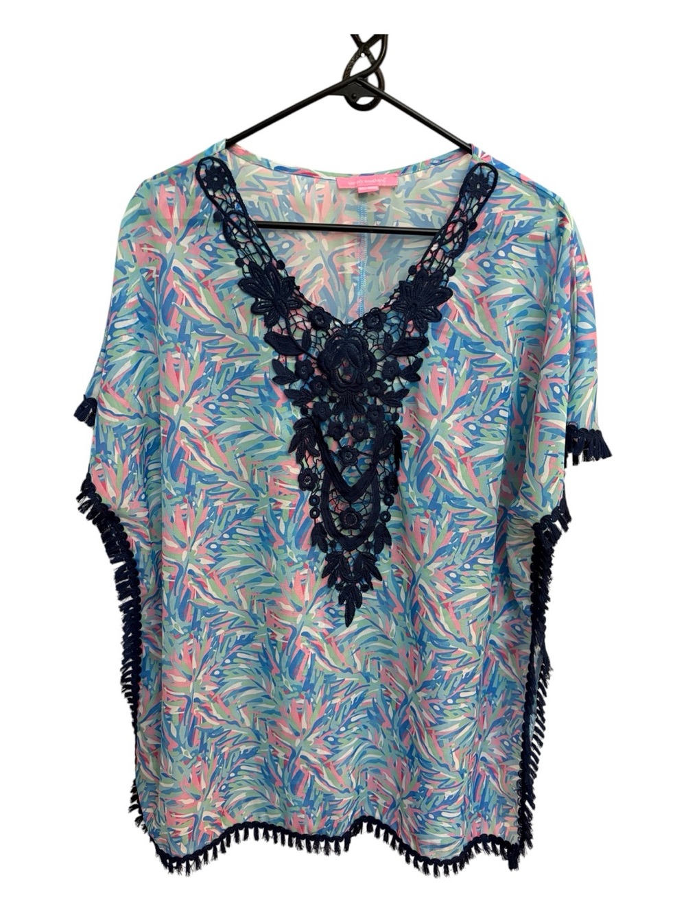 Simply Southern Tropical Boho Fringe Caftan Poncho Tunic Top Size S/M Fits M